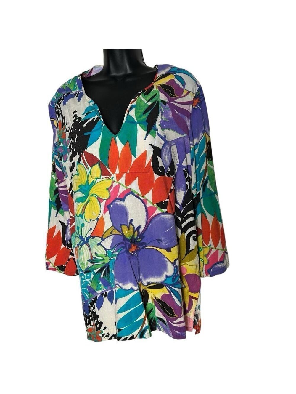Jams World Floral Purple Red white Tropical Split Hem 3/4 Sleeve Tunic Top L